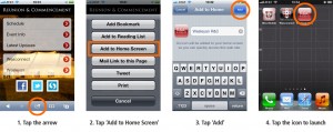 [iPhone steps: Tap the arrow, then ‘Add to Home Screen,’ then ‘Add.’]